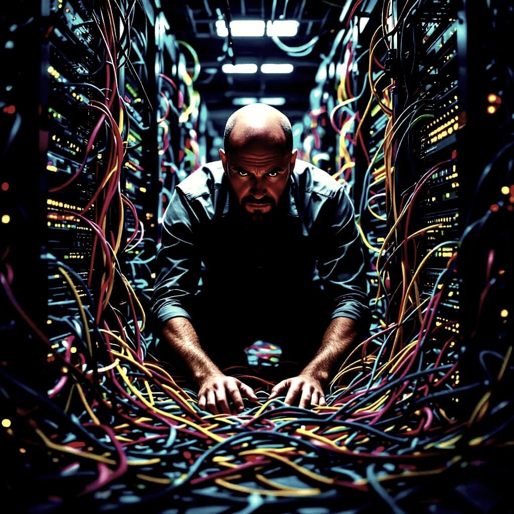 Frustrated IT Guy Lost in Cable Chaos