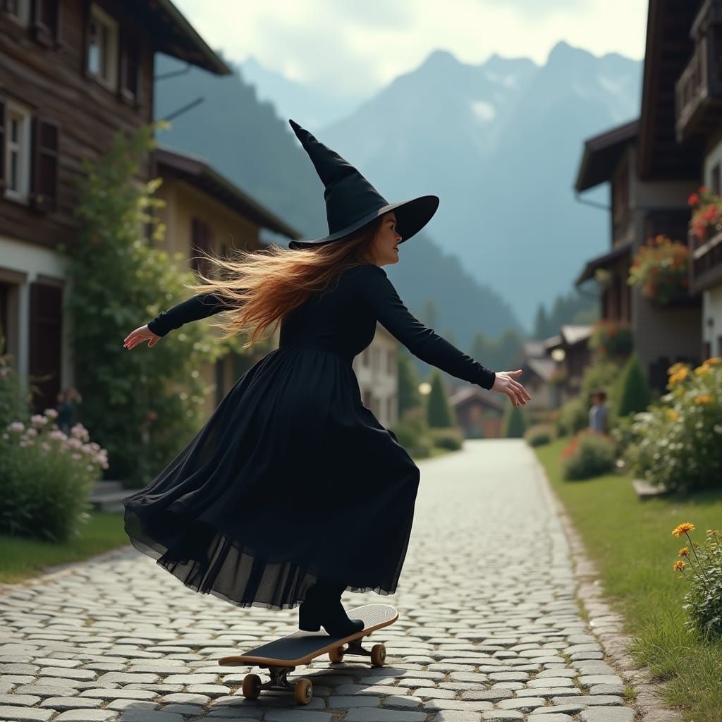 Wicked Witch of the West Rides Skateboard Down Cobblestone S...