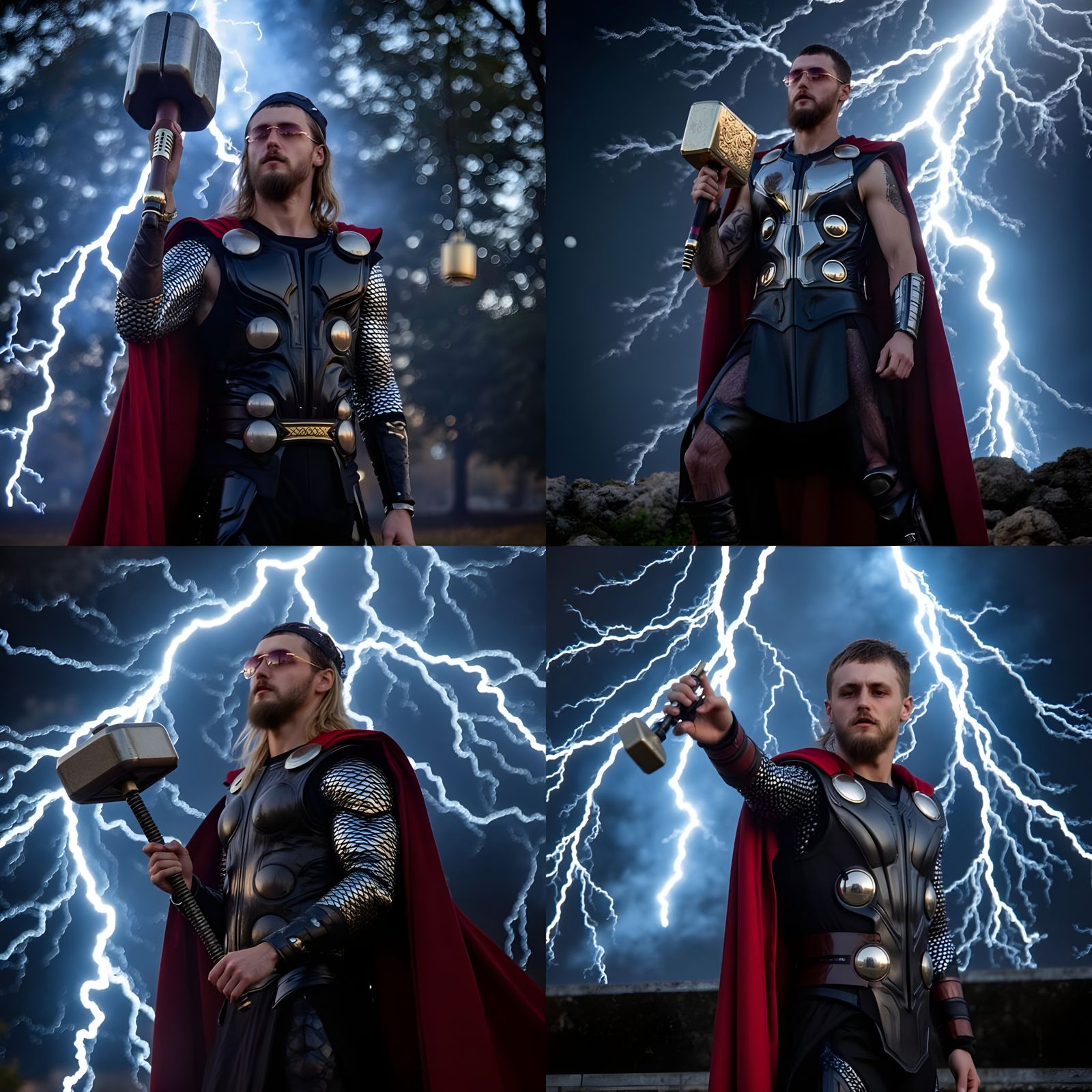 Thor Cosplayer with Giant Hammer and Lightning