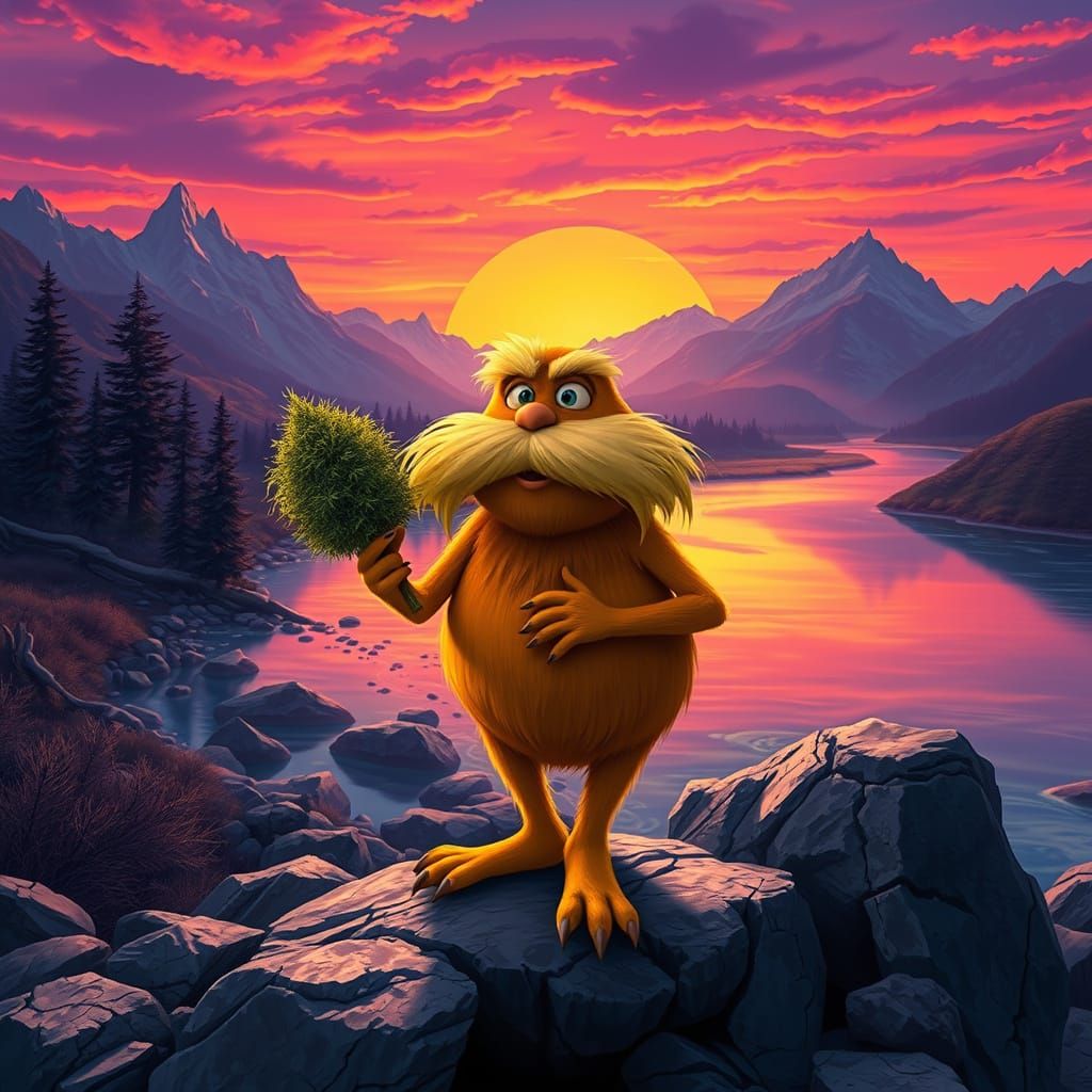 The Lorax in a Whimsical Purple Sunset