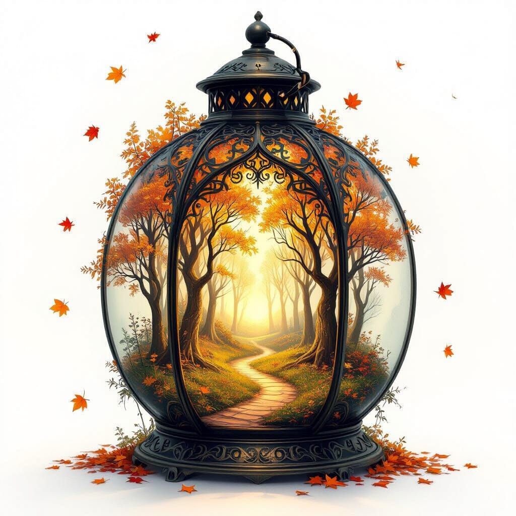 Enchanted Forest Lantern: Miniature Autumn World in Art Nouv...