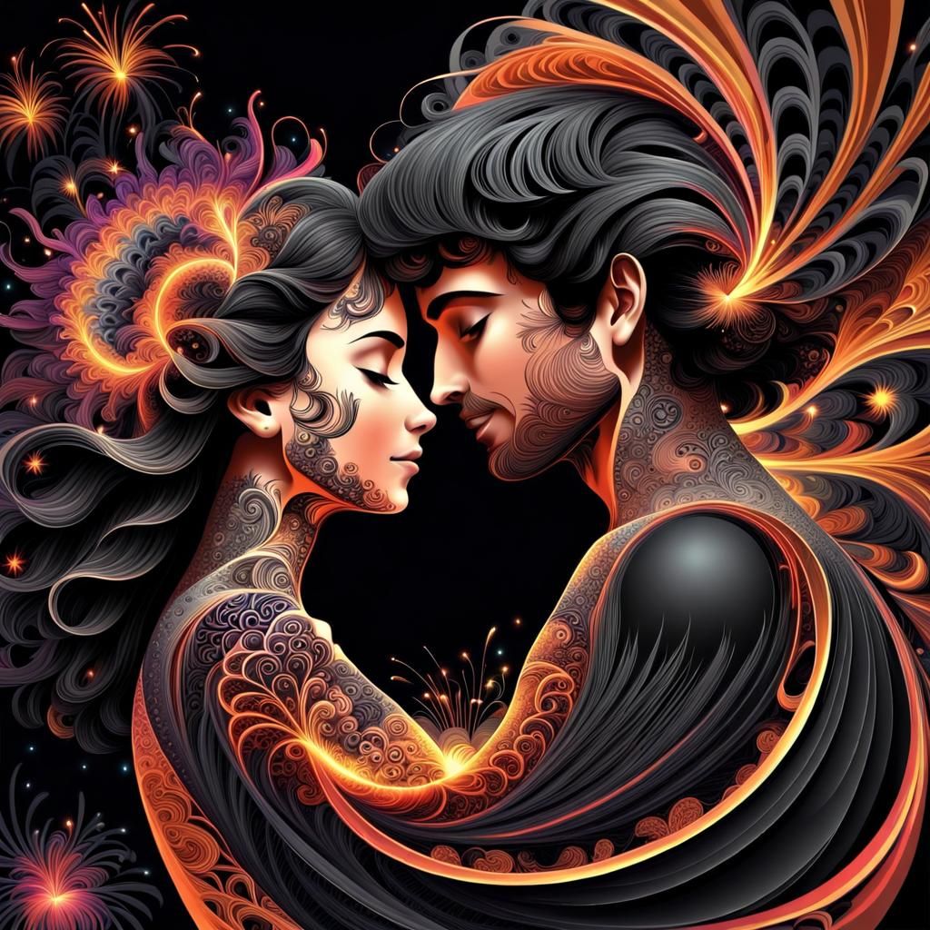 Abstract Fractal Art with Couple, Fireworks, and Joy