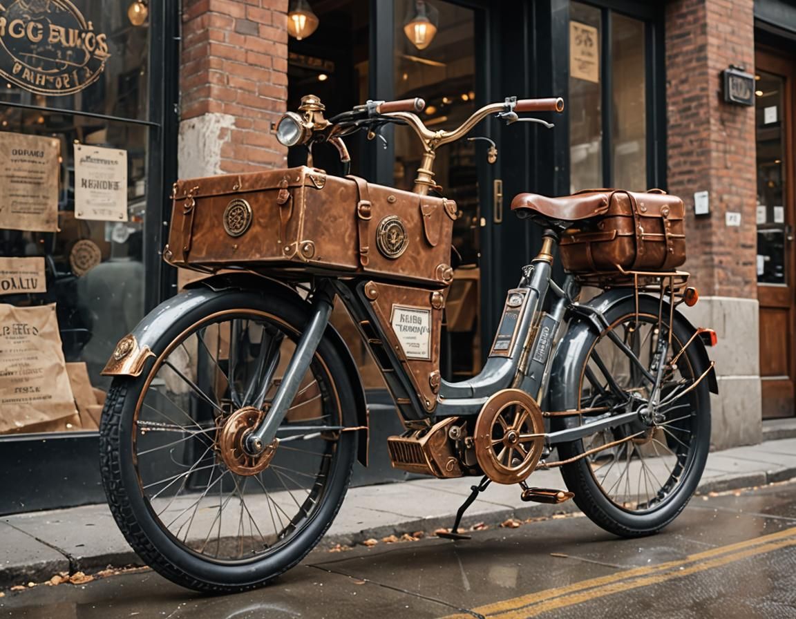 Steampunk Electric Cargo Bike with Rain Reflection