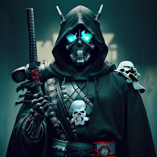 Cyberpunk Samurai in Full Armor with Skull Helmet