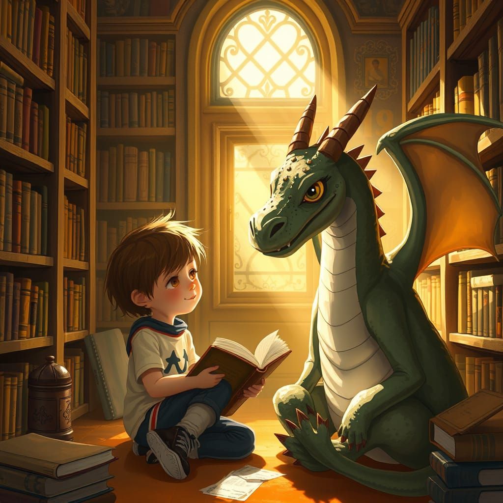 Child Reads to Dragon in Cozy Library