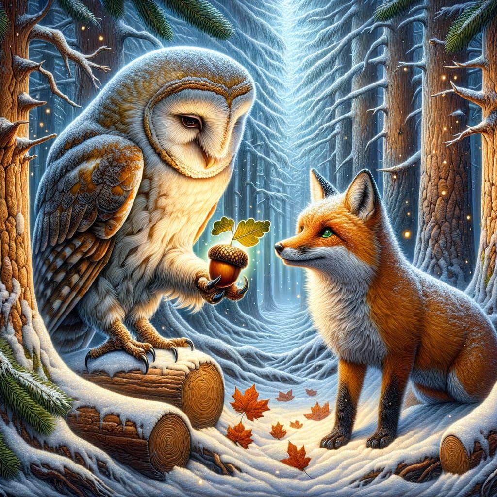 Wise Owl Shares Glowing Acorn with Fox in Snowy Forest