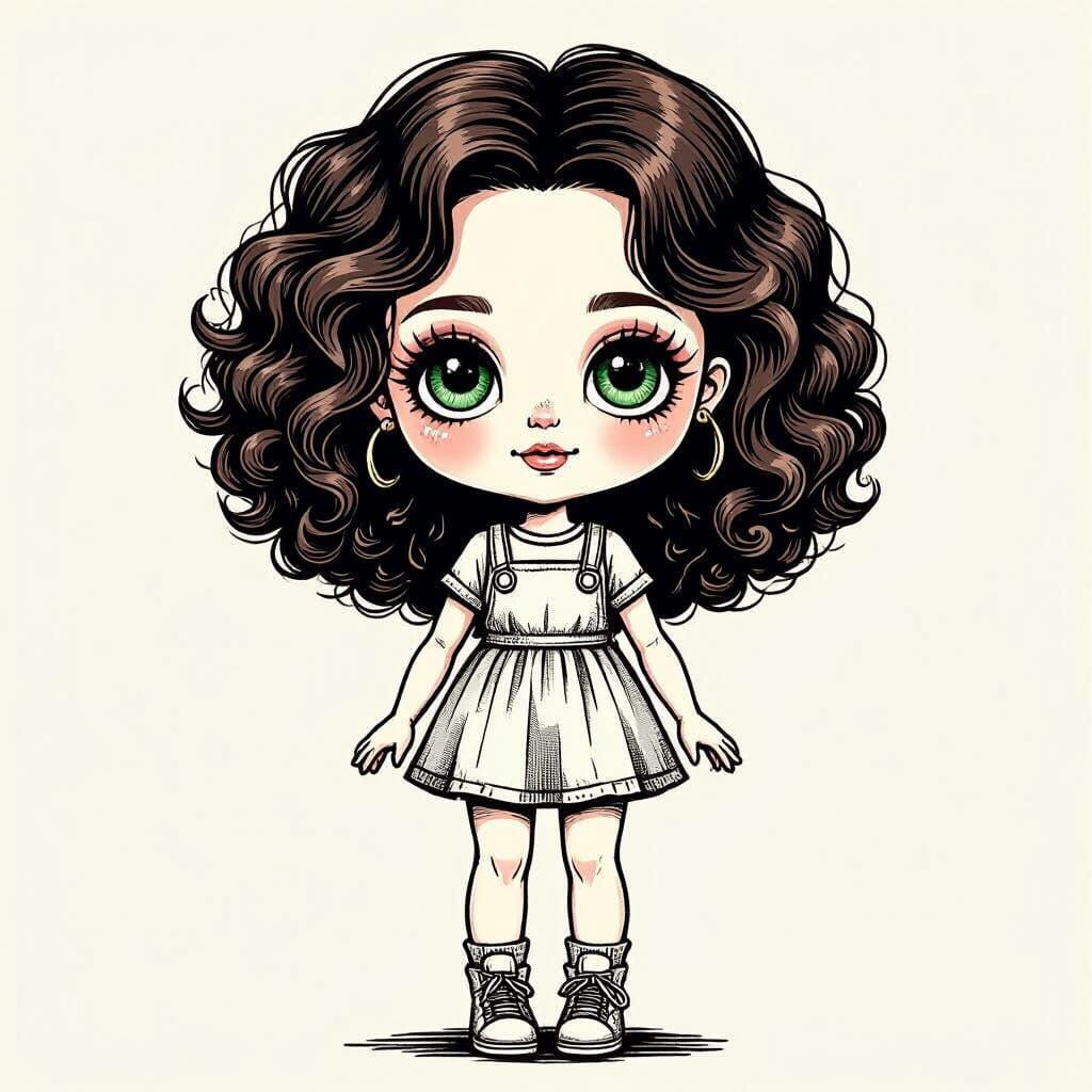 Blythe Doll with Green Eyes in Lino Print