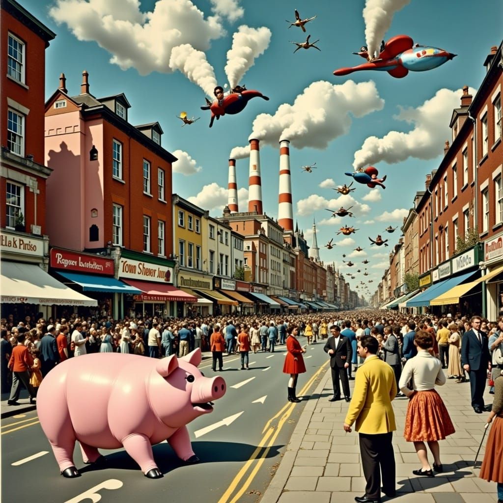 Surreal Flying Pig Over Battersea in Comix Style