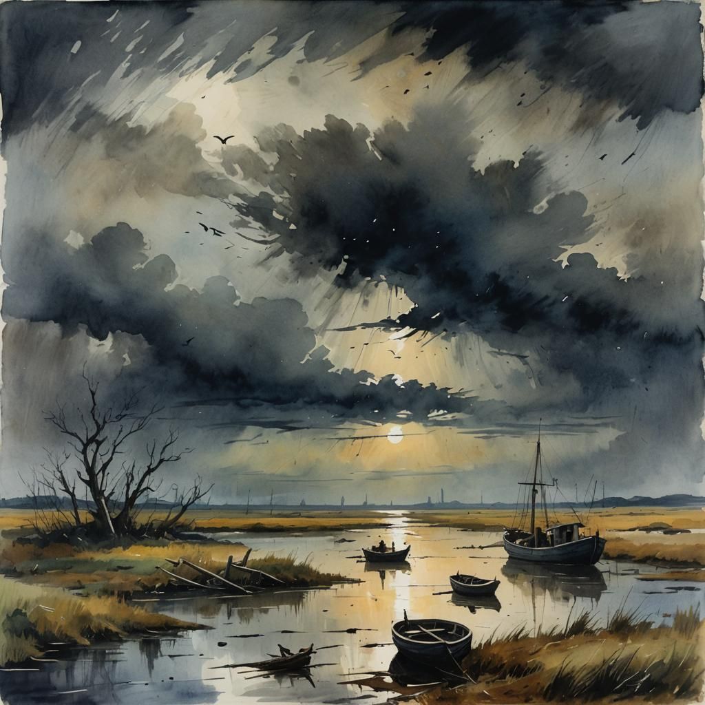 Dark Stormy Night Over Salt Marshes with Abandoned Boat