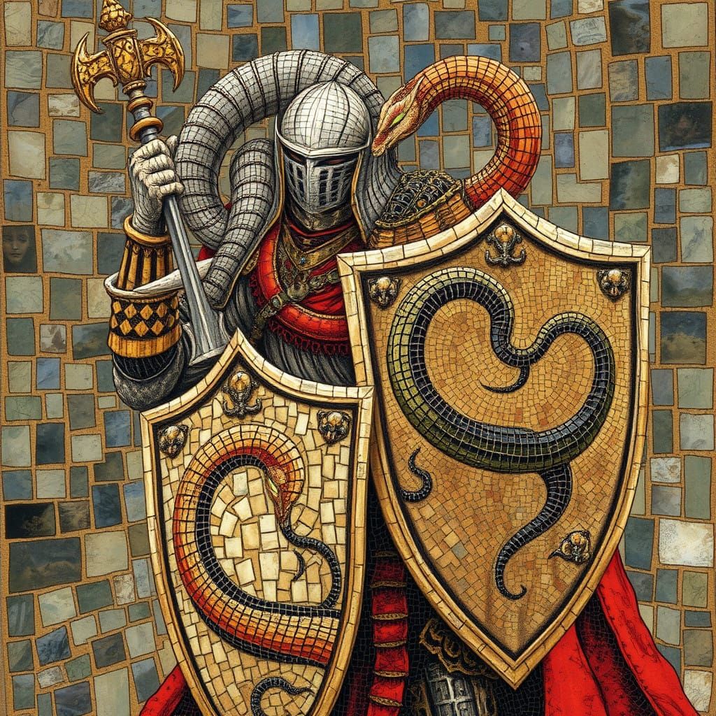 Fantasy Knight with Shield, Featuring a Coiled Serpent, in M...
