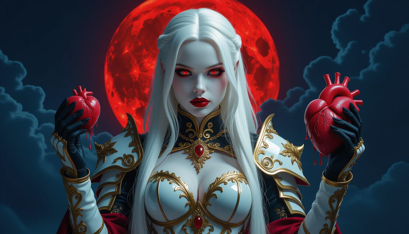 Albino Vampire Warrior With Crimson Eyes and Blood Moon