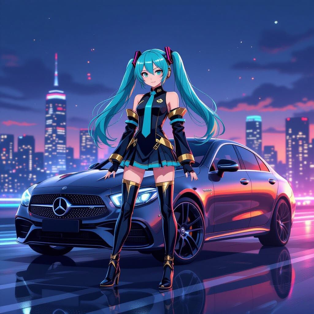 Hatsune Miku with 2025 Mercedes Benz in Futuristic Cityscape