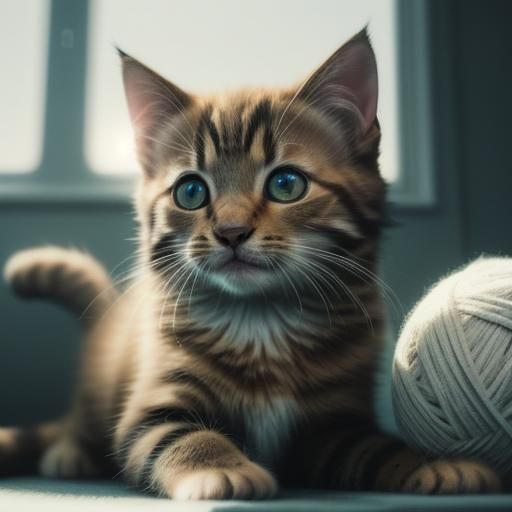 Kitten Playing with Yarn: A Cinematic Film Still