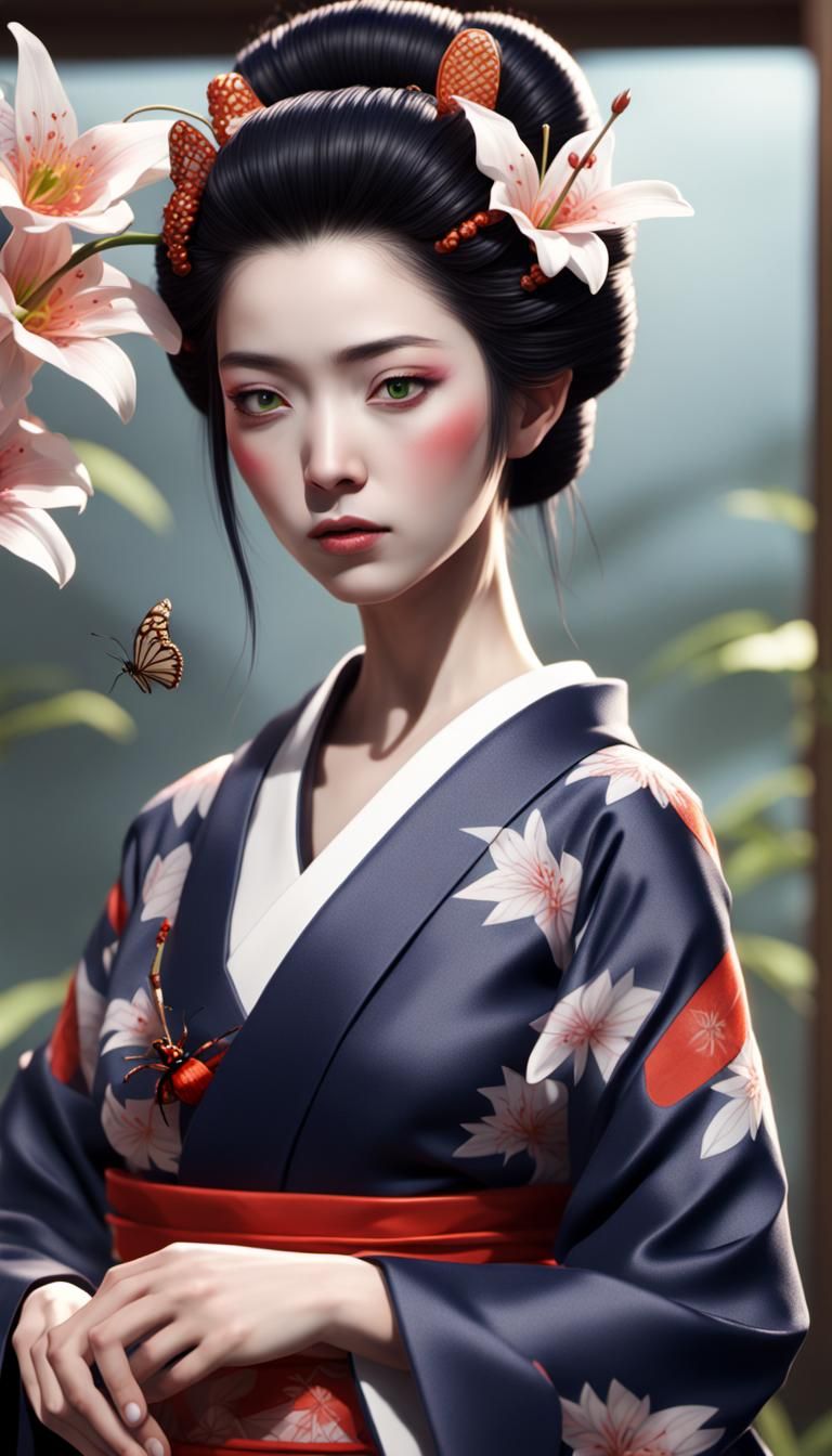 Geisha with Lily and Butterfly: Photorealistic Anime Fantasy