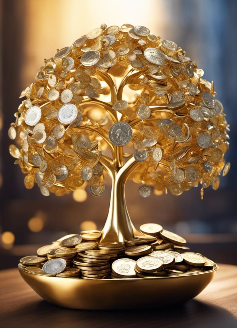 Hyperrealistic Money Tree Still Life with Gold and Diamonds