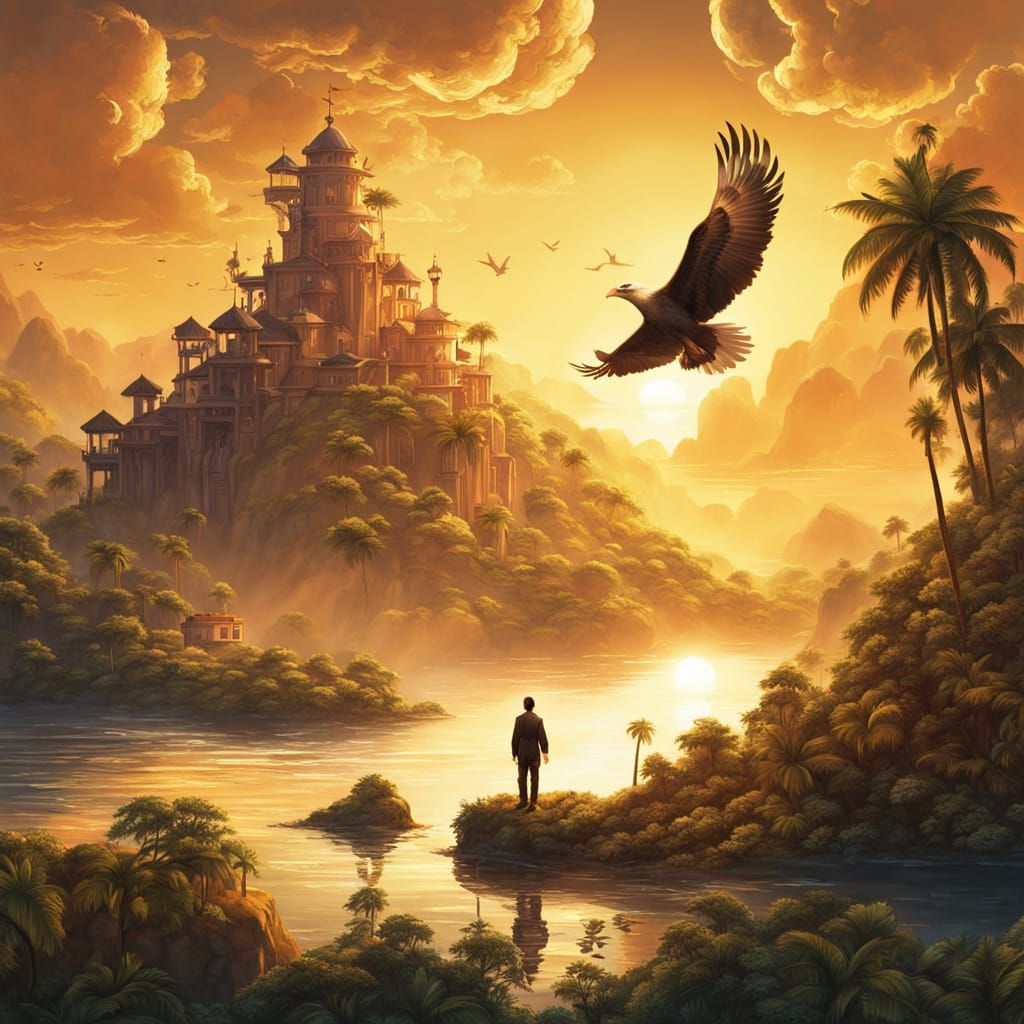 Man on Floating Island at Golden Hour