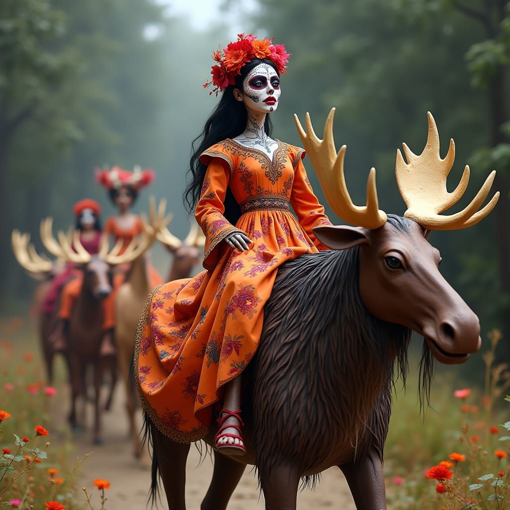 Day of the Dead Woman Rides Paper Mache Moose