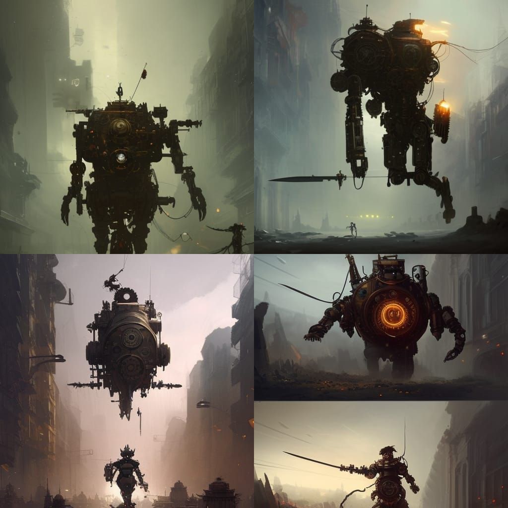 Steampunk Mech and Swordsman: Dark Fantasy Art