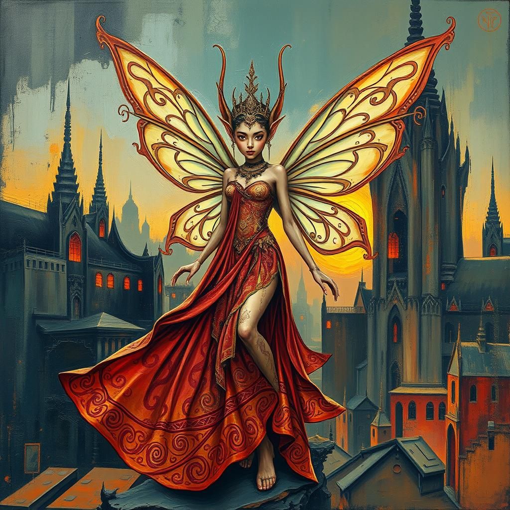 Cambodian Fairy Elf in Dystopian Golden Hour, Impasto Style