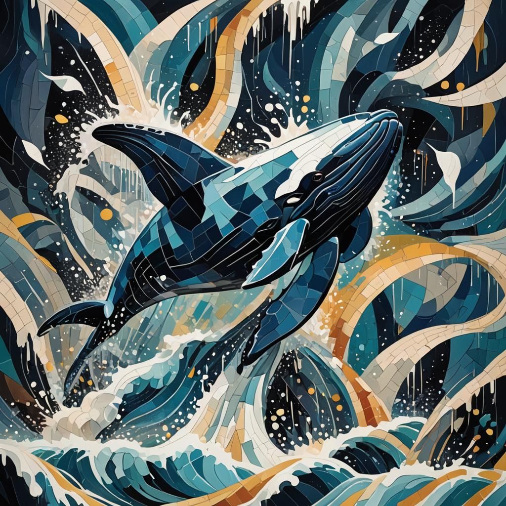 Whale Leaping from Waterfall in Abstract Cubism