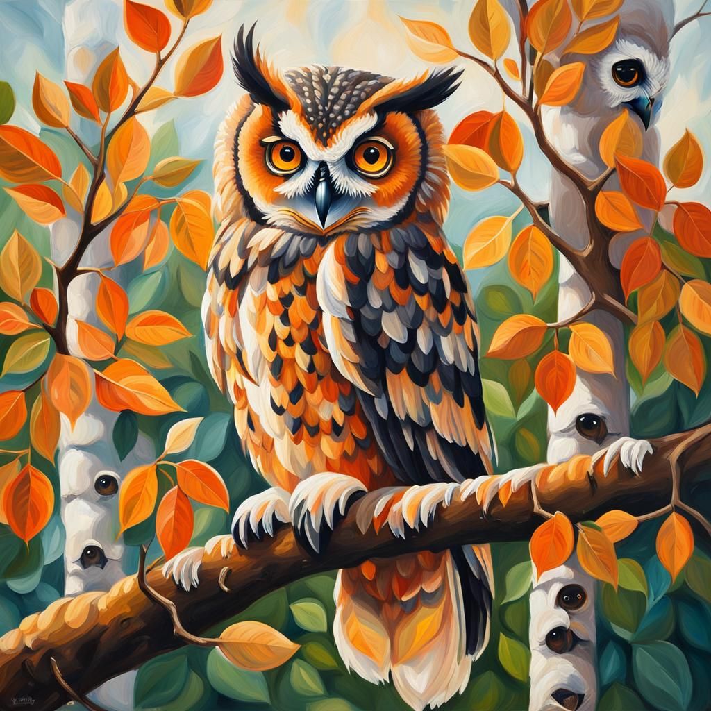 Owl Guarding Owlets: A Detailed Oil Painting