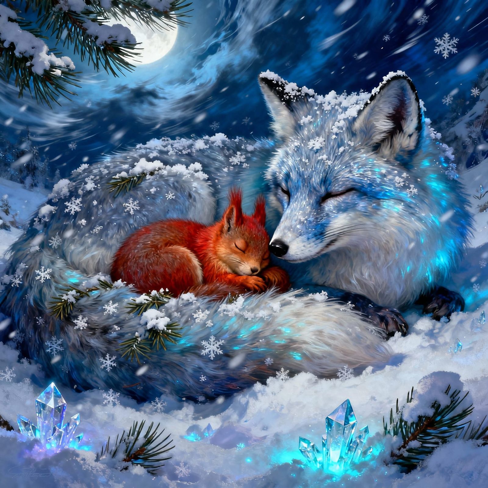 Arctic Fox and Squirrel Sleeping in Blizzard