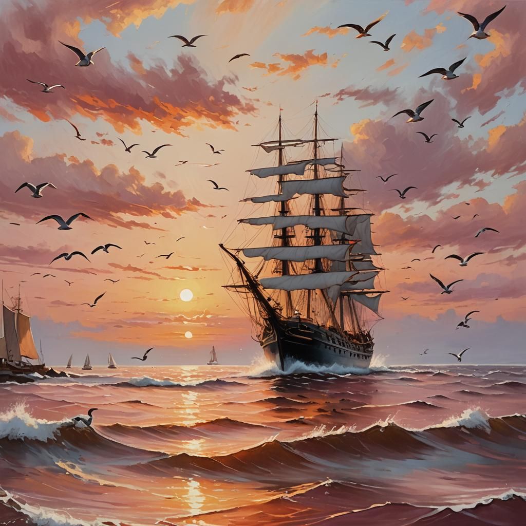Golden Hour Sailing Ship: Oil Painting Seascape