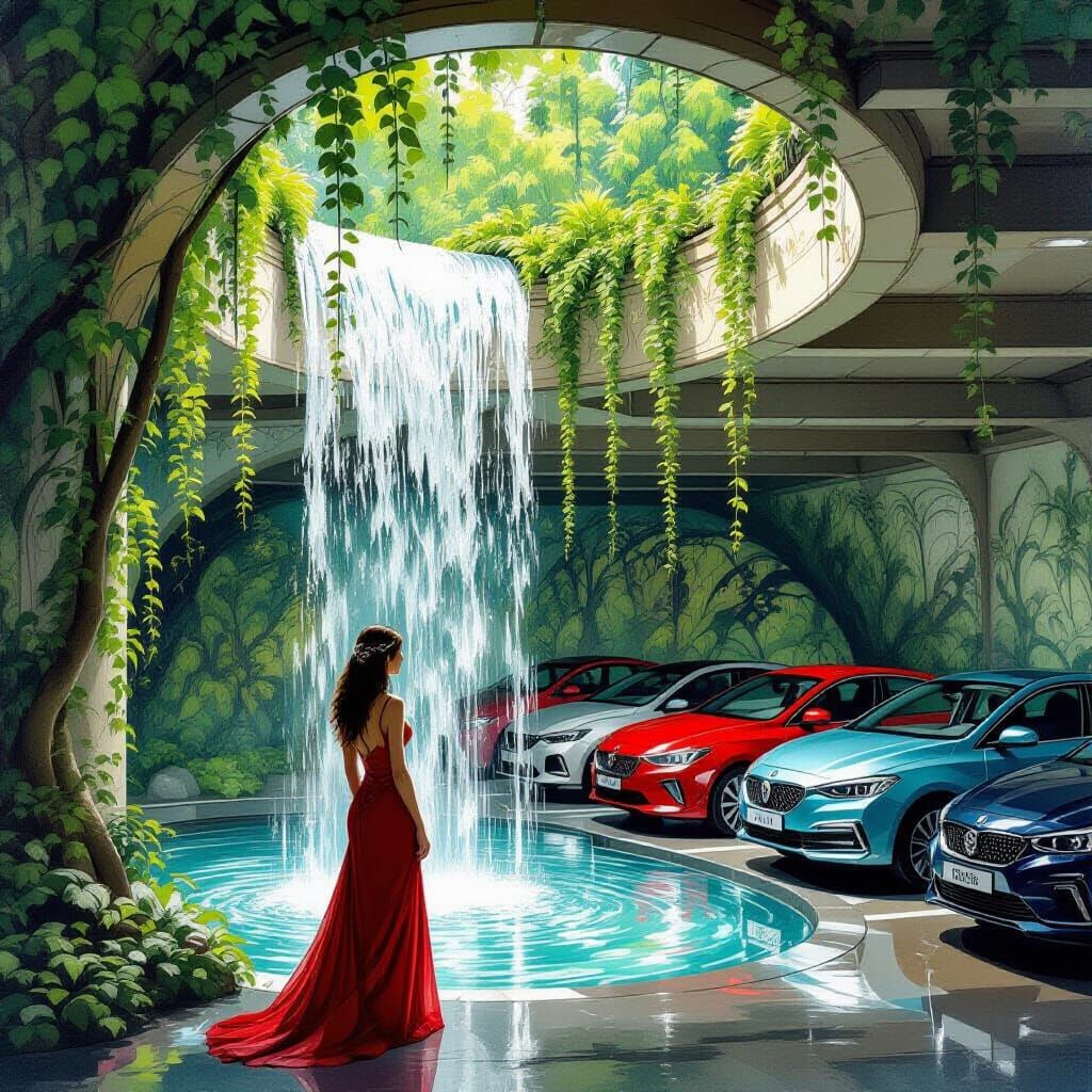Waterfall in Underground Garage, Art Nouveau Style