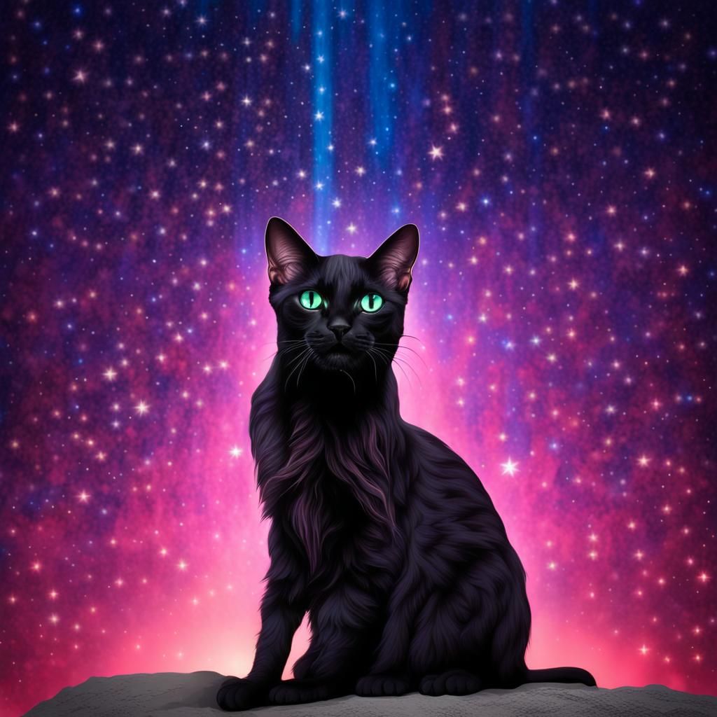 Black Cat Sphinx Under Neon Stars