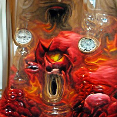 firey red hell screaming demon looks through the hourglass detailed painting