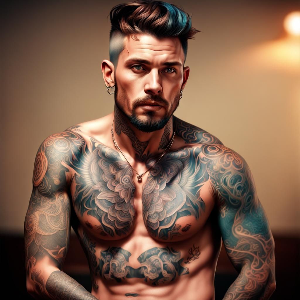 Hyperrealistic Tattooed Man in Dark Fantasy Style