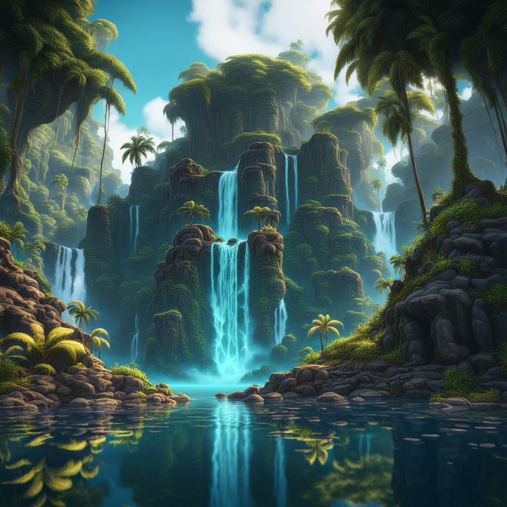 Waterfall Reflects Island Paradise in Detailed Matte Paintin...