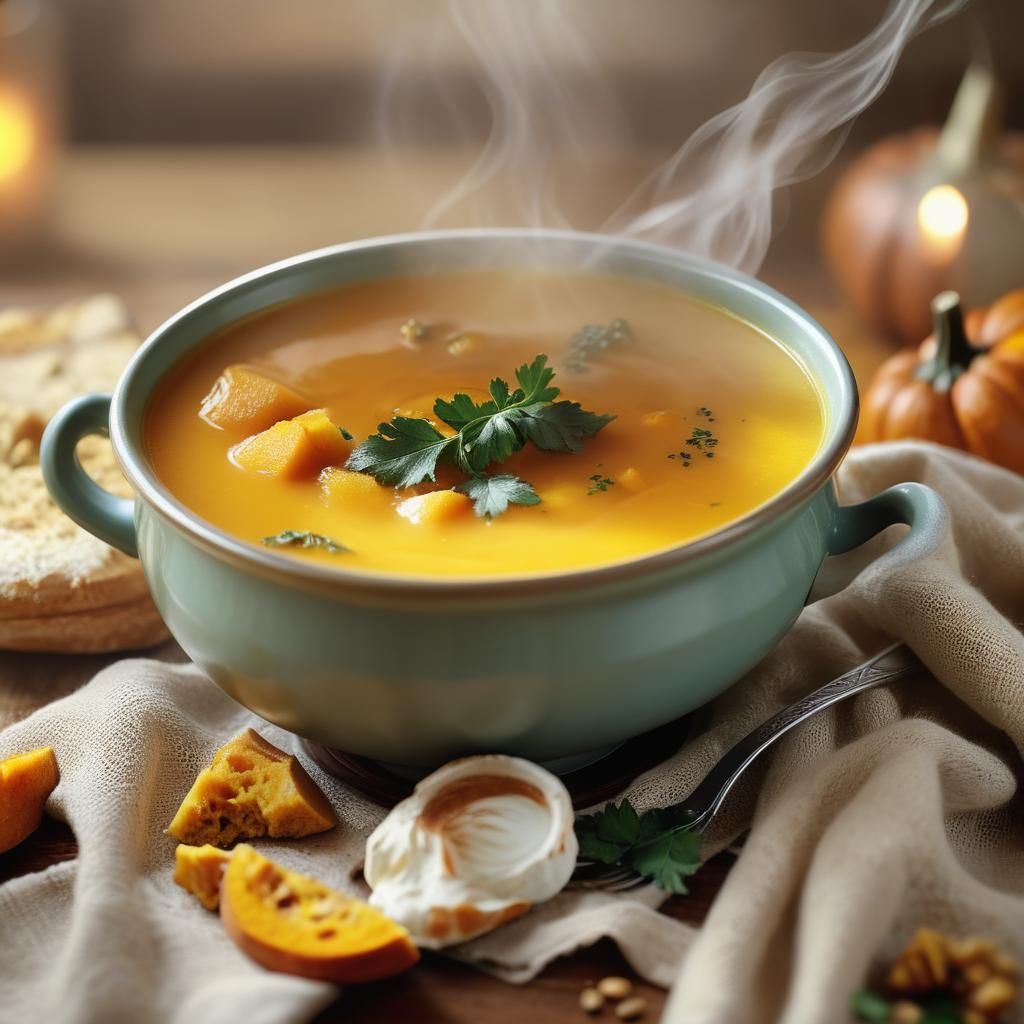 Steaming Pumpkin Soup Still Life in Golden Light