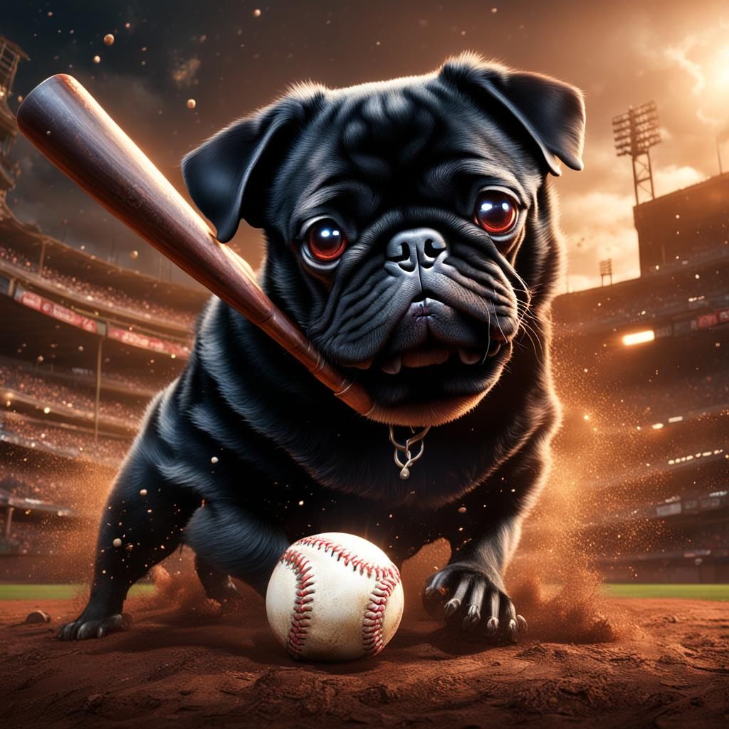 Black Pug Plays Baseball: Detailed Matte Painting