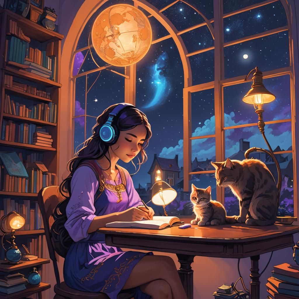 Lofi Girl Studying Under Comet Sky in Fantasy Style