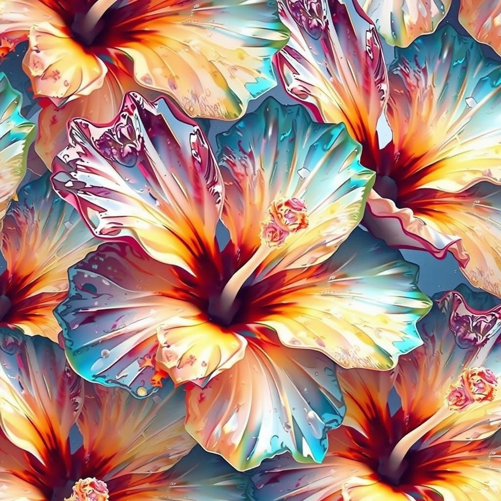 Neon Crystal Hibiscus Flowers in Digital Art Style