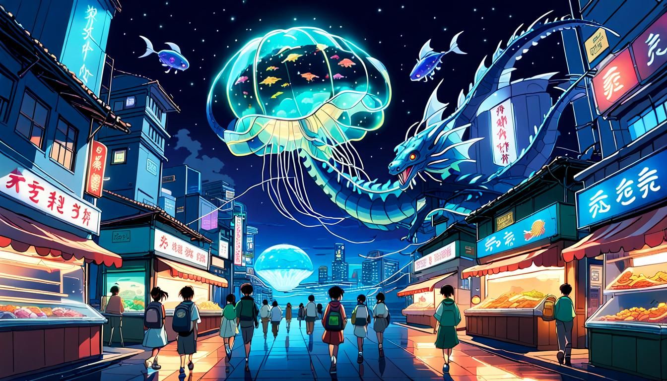 Dragon Flies Through Neon City: Studio Ghibli Anime