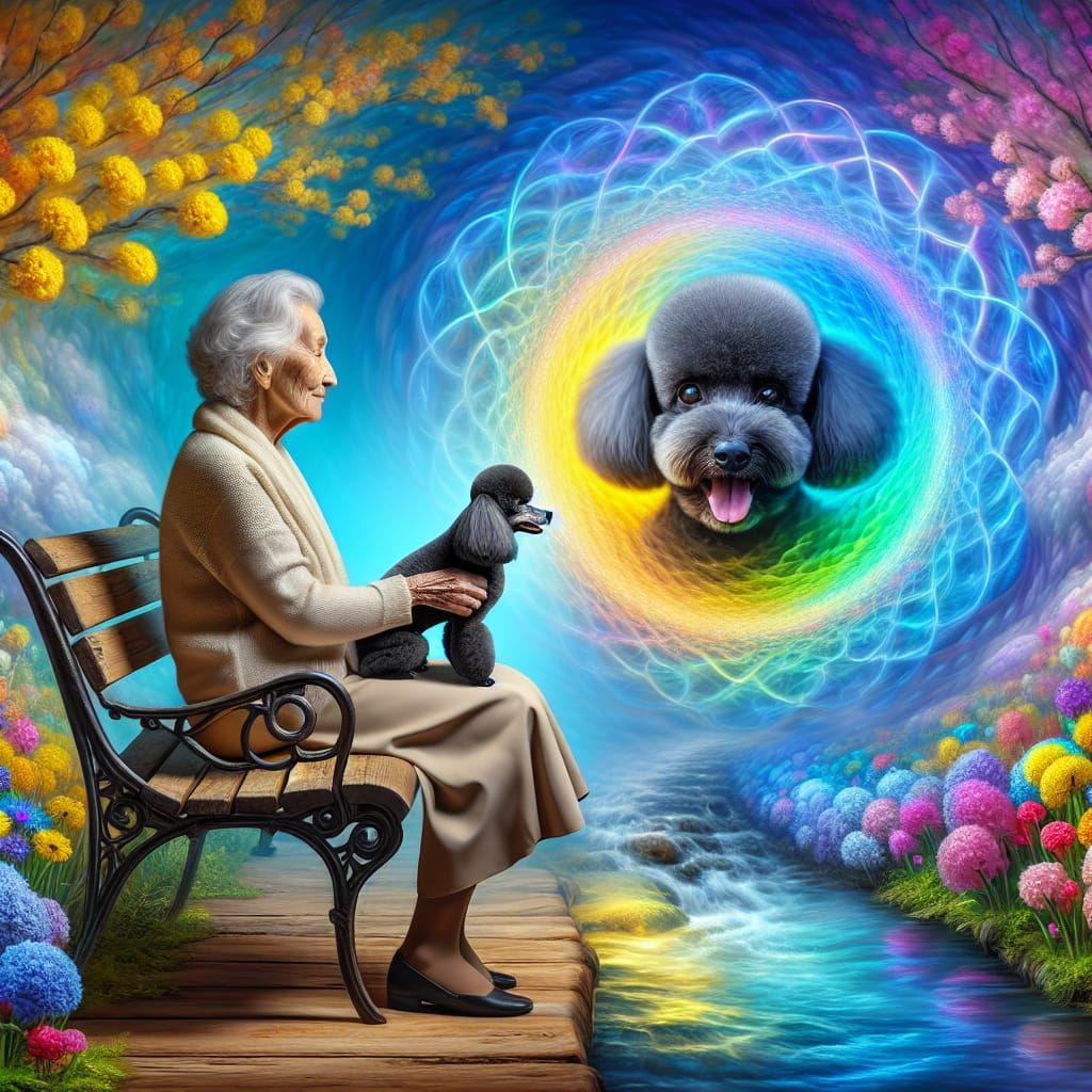 Elderly Woman with Poodle in Rainbow Garden