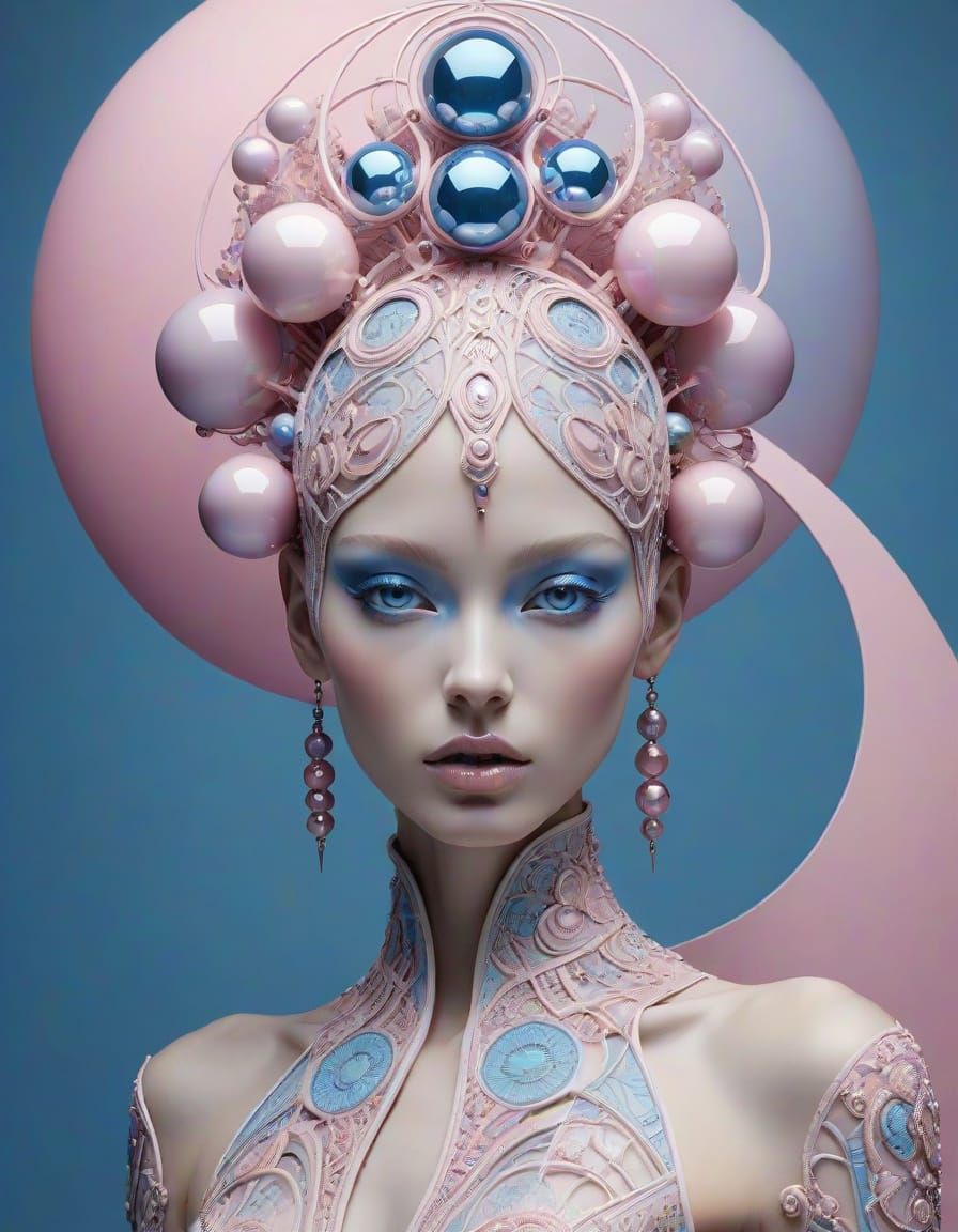 Ethereal Fashion Humanoid in Pink and Blue Spheres