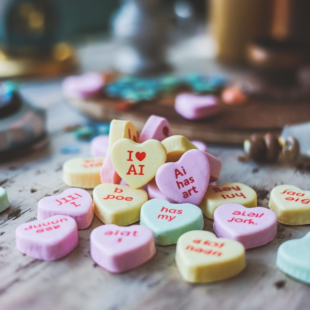 Playful Candy Hearts Scene in Whimsical Art