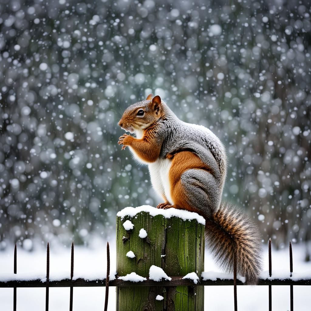 Squirrel in Winter Snowfall on Fence Post