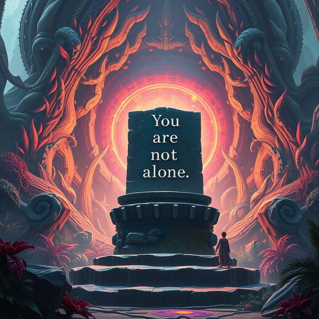 Mystical Message on Alien Pedestal with Glowing Portal