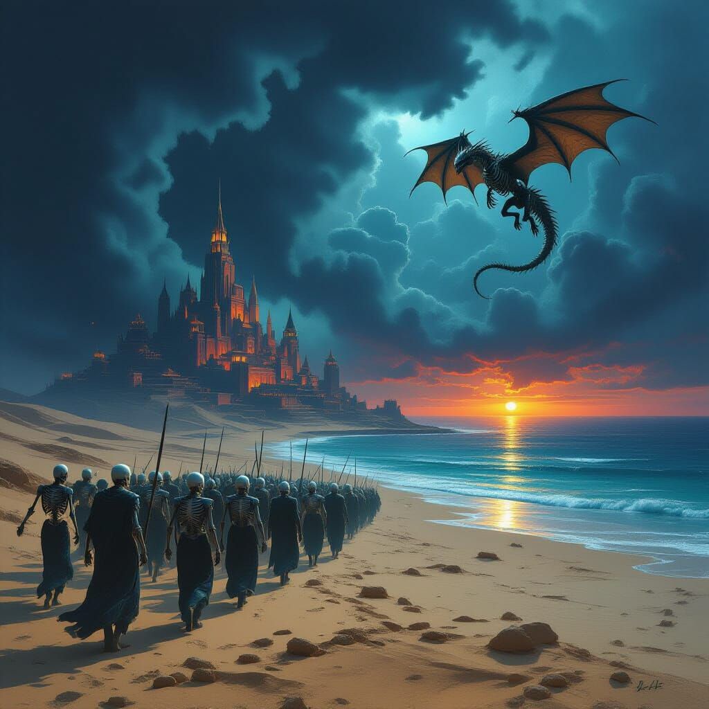 Undead Army Marches on Desert City Under Stormy Skies