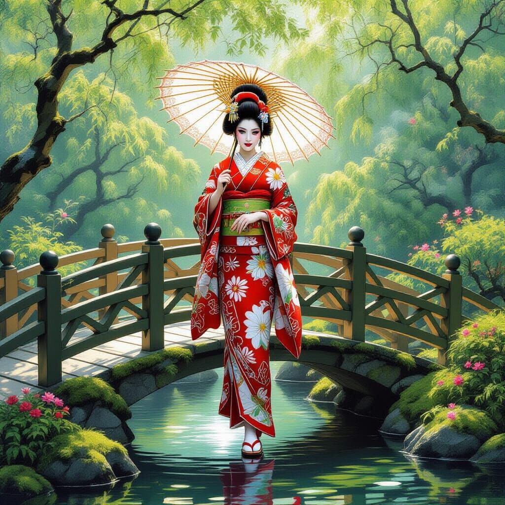 Elf Geisha in Lush Garden: Oil Painting Style