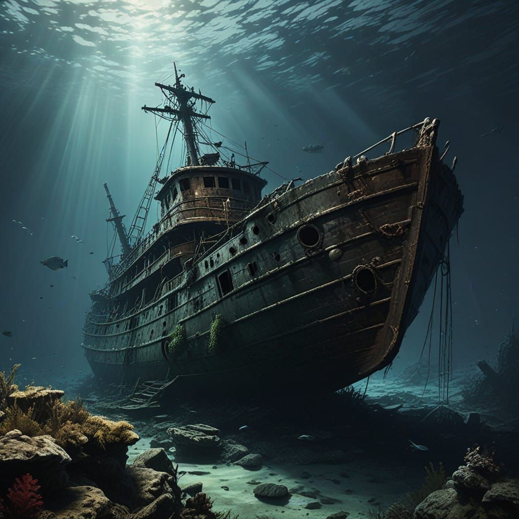Epic Underwater Shipwreck in Dark Fantasy Style
