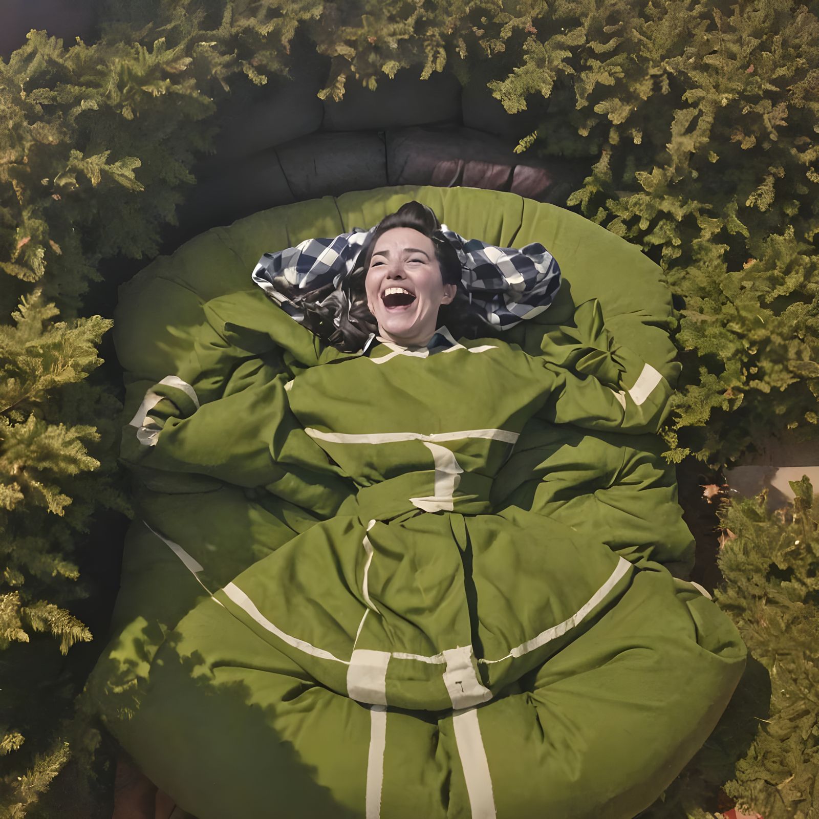 Cozy Woman Laughs on Plaid Flannel Sofa