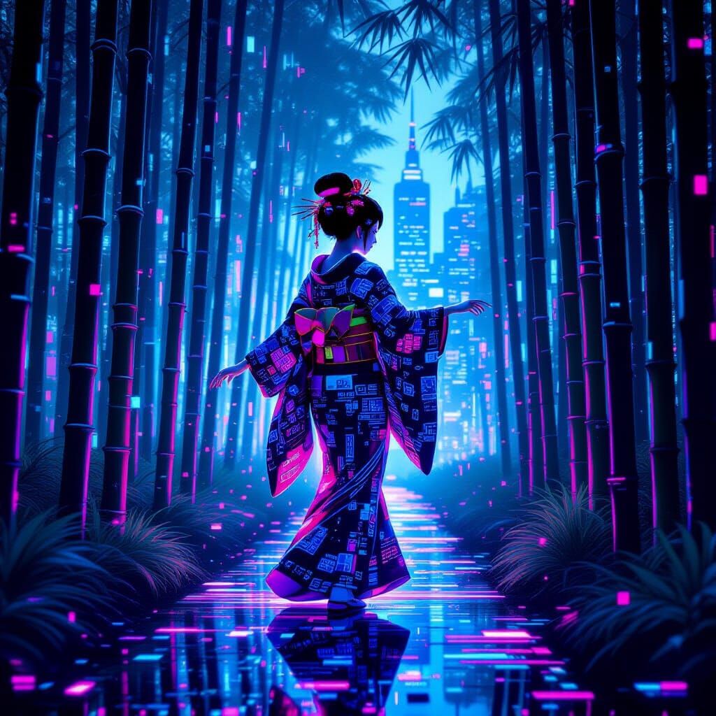 Digital Geisha Dances in Neon Cyberpunk Bamboo Forest