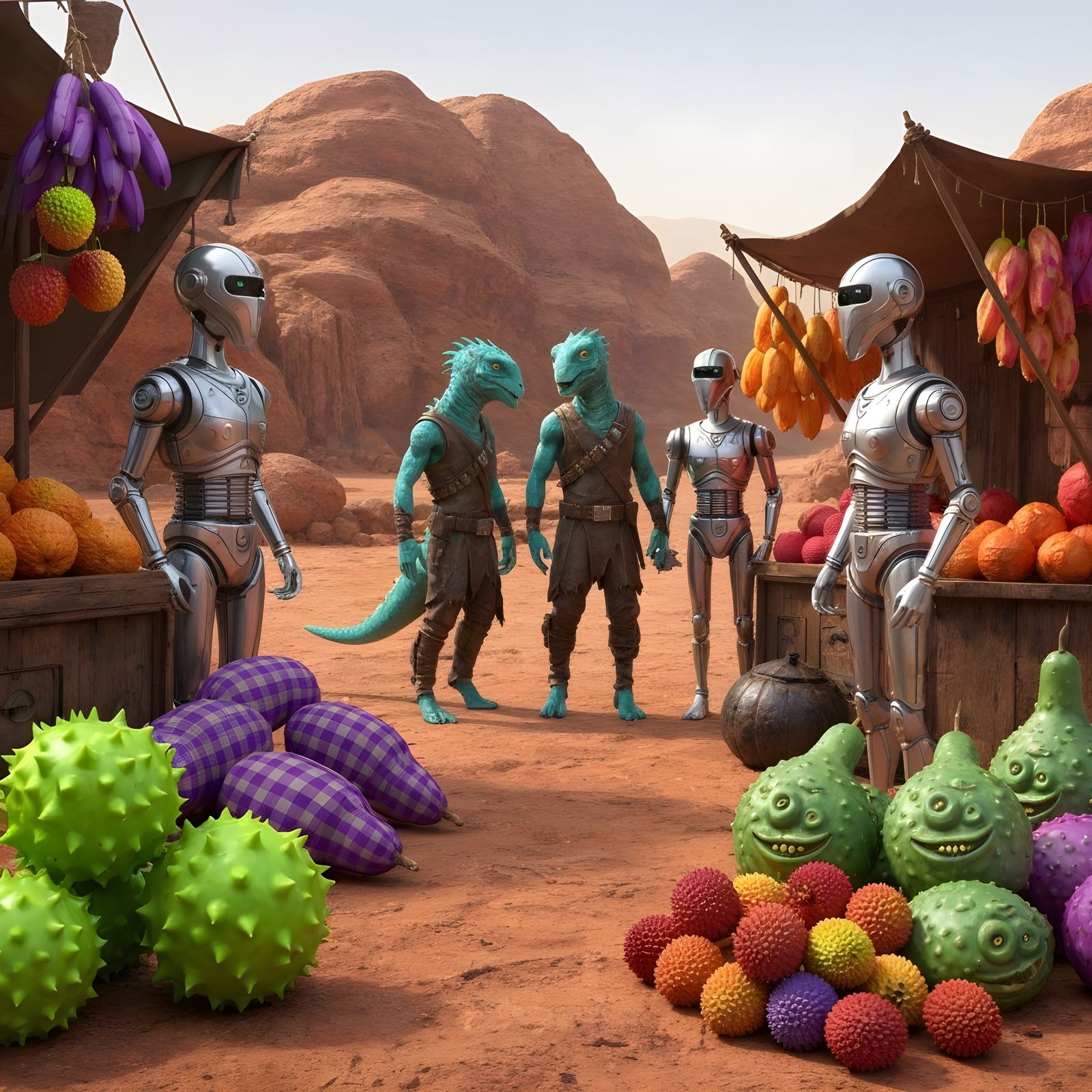 Fresh Alien Produce, Grown and Sold by Local Farming Droids