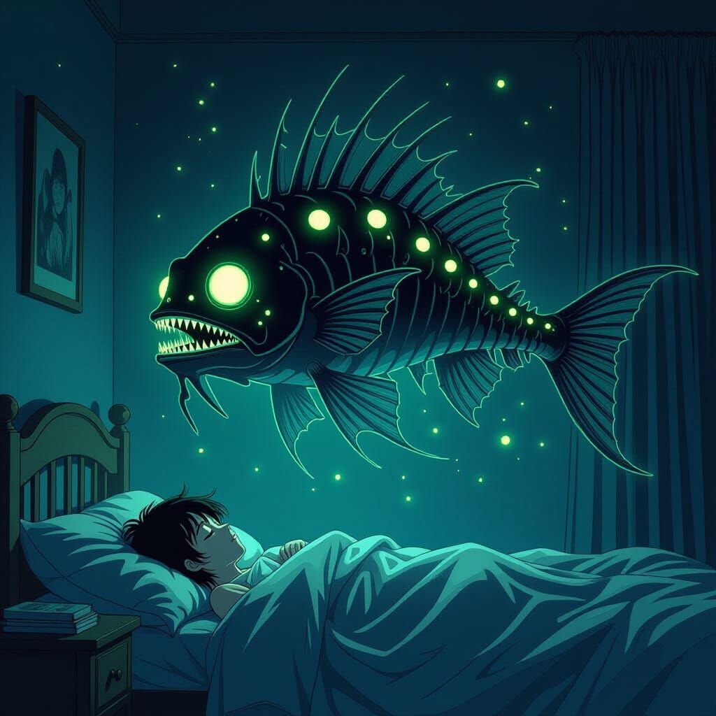 Eerie Bioluminescent Skeletal Anglerfish Floating Over Bed