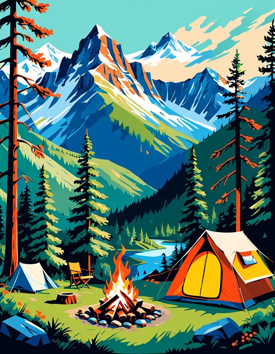 Mountain Campsite in 1960s Paint-by-Numbers Style